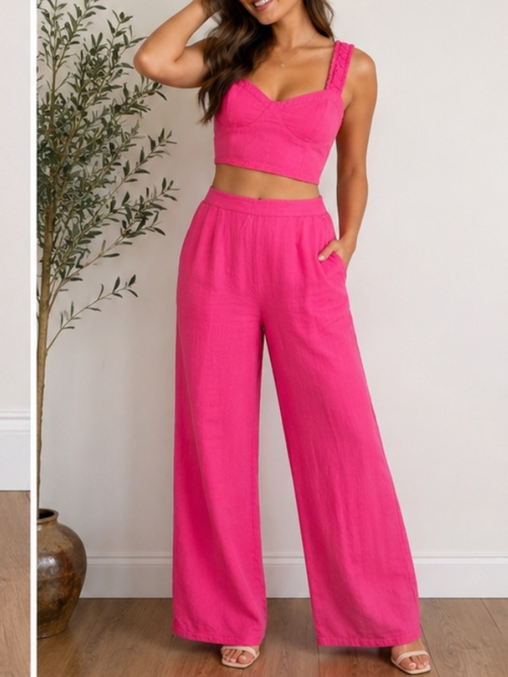 Midnight Sky Hot Bubblegum Pink Linen Blend Crop Top & Wide Leg Pants Set XL